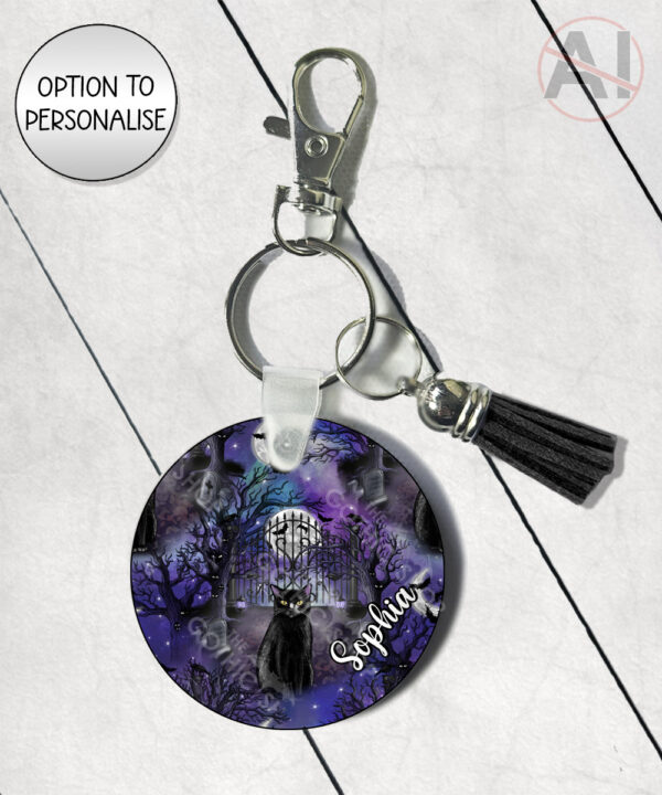 gothic black cat cemetery keyring option to personalise