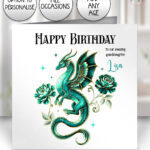 teal dragon with gold accents and rose floral fantasy birthday / all occasions card option to personalise
