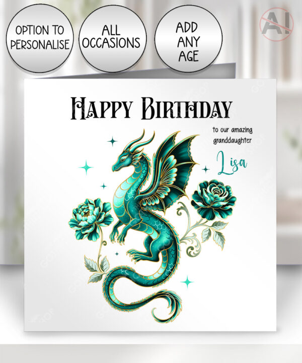 teal dragon with gold accents and rose floral fantasy birthday / all occasions card option to personalise
