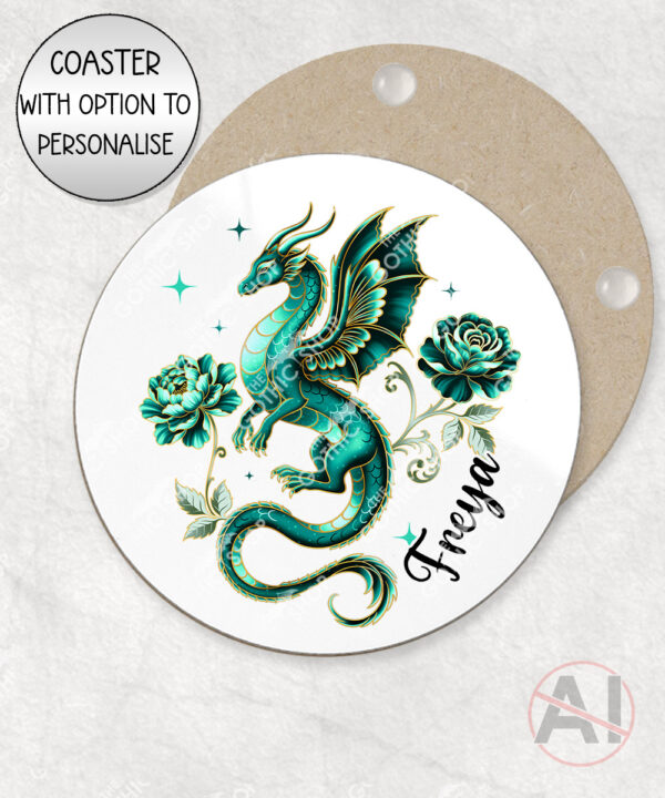 dragon with gold accents and rose floral fantasy mug and/or coaster optional to personalise