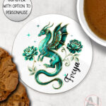 dragon with gold accents and rose floral fantasy mug and/or coaster optional to personalise