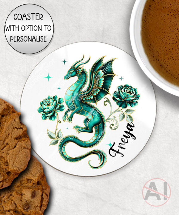 dragon with gold accents and rose floral fantasy mug and/or coaster optional to personalise