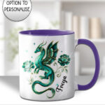 dragon with gold accents and rose floral fantasy mug and/or coaster optional to personalise