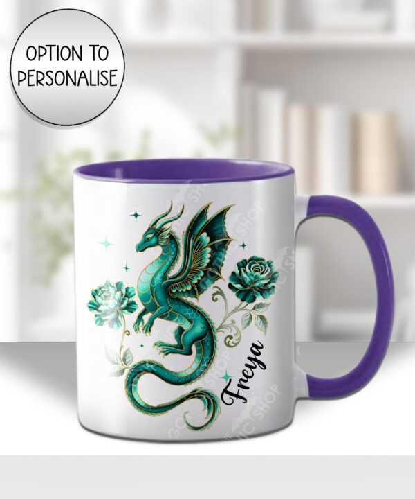 dragon with gold accents and rose floral fantasy mug and/or coaster optional to personalise
