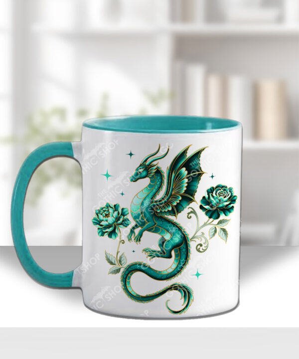 dragon with gold accents and rose floral fantasy mug and/or coaster optional to personalise