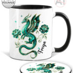 dragon with gold accents and rose floral fantasy mug and/or coaster optional to personalise