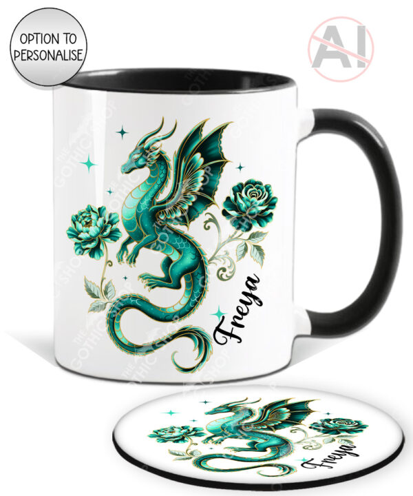 dragon with gold accents and rose floral fantasy mug and/or coaster optional to personalise