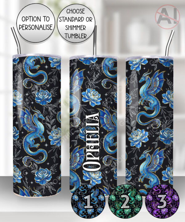dragon with gold accents and rose floral fantasy straight tumbler option to personalise