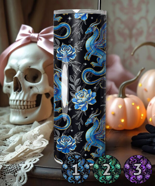 dragon with gold accents and rose floral fantasy straight tumbler option to personalise