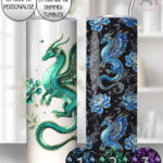 dragon with gold accents and rose floral fantasy straight tumbler option to personalise