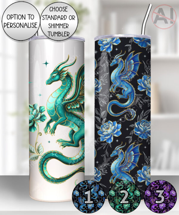 dragon with gold accents and rose floral fantasy straight tumbler option to personalise