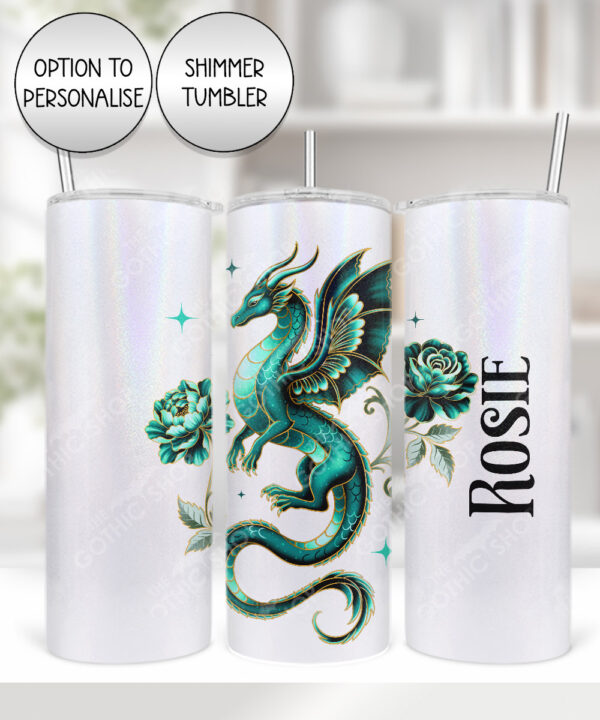 dragon with gold accents and rose floral fantasy straight tumbler option to personalise