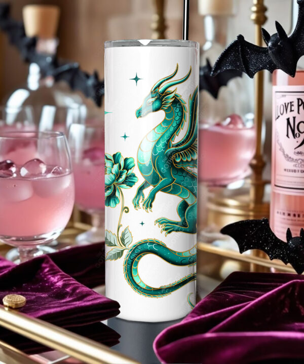 dragon with gold accents and rose floral fantasy straight tumbler option to personalise