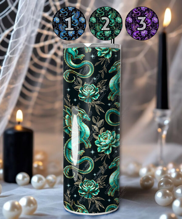 dragon with gold accents and rose floral fantasy straight tumbler option to personalise