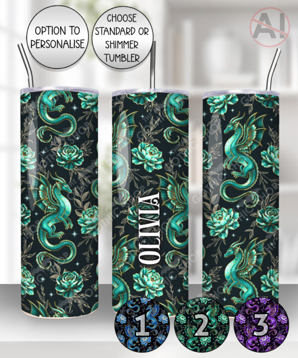 dragon with gold accents and rose floral fantasy straight tumbler option to personalise