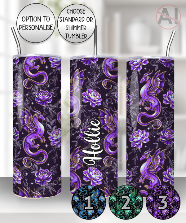 dragon with gold accents and rose floral fantasy straight tumbler option to personalise