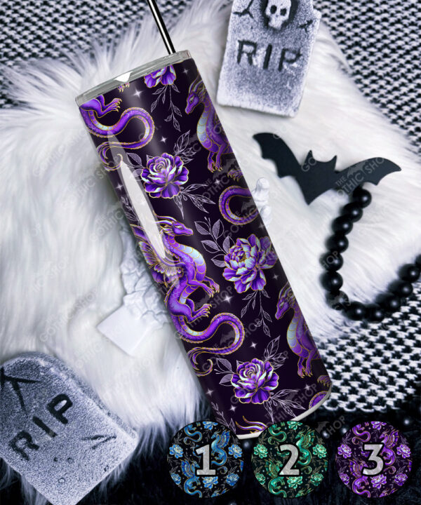 dragon with gold accents and rose floral fantasy straight tumbler option to personalise
