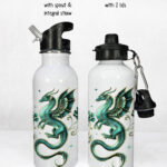 dragon with gold accents and rose floral fantasy water bottle option to personalise