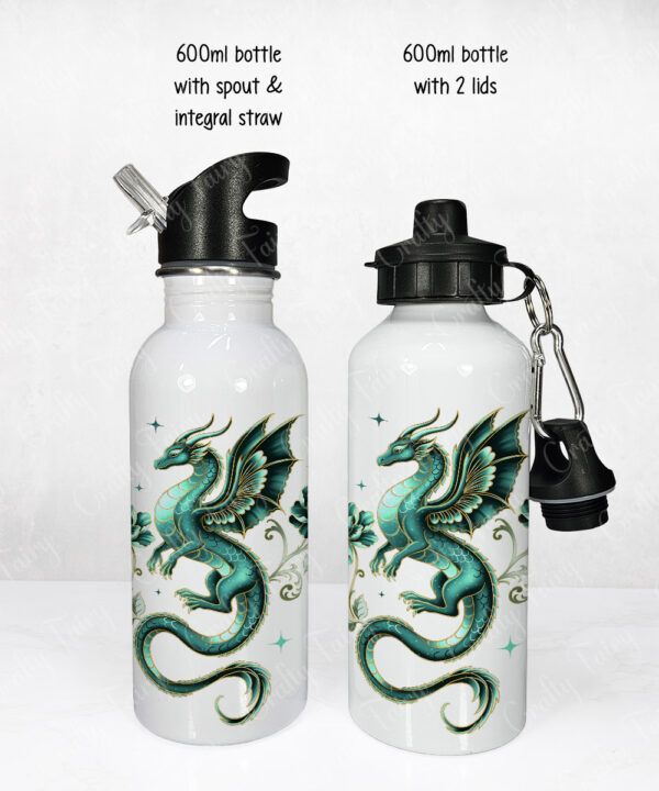 dragon with gold accents and rose floral fantasy water bottle option to personalise