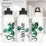 dragon with gold accents and rose floral fantasy water bottle option to personalise