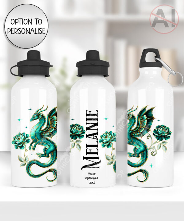 dragon with gold accents and rose floral fantasy water bottle option to personalise