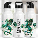 dragon with gold accents and rose floral fantasy water bottle option to personalise