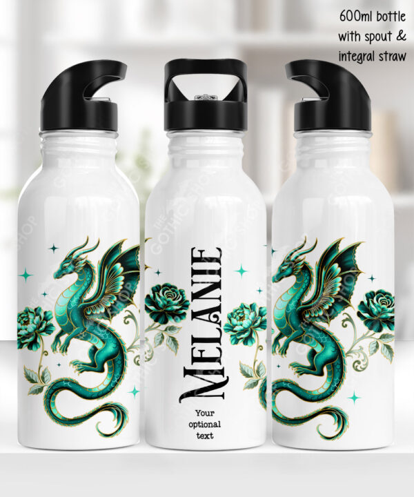 dragon with gold accents and rose floral fantasy water bottle option to personalise