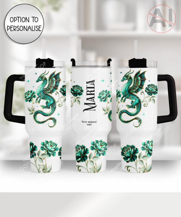 dragon with gold accents and rose floral fantasy large 40oz tumbler with handle option to personalise