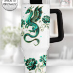 dragon with gold accents and rose floral fantasy large 40oz tumbler with handle option to personalise