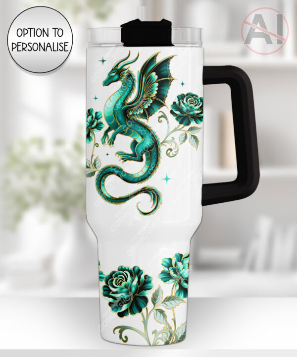 dragon with gold accents and rose floral fantasy large 40oz tumbler with handle option to personalise