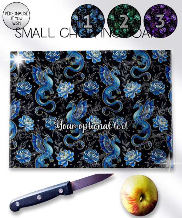 dragon with gold accents and rose floral fantasy glass chopping board option to personalise