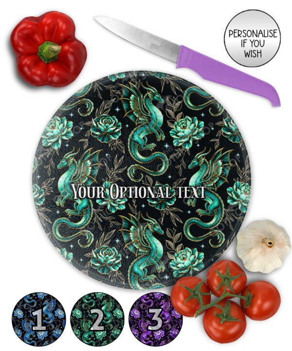 dragon with gold accents and rose floral fantasy glass chopping board option to personalise