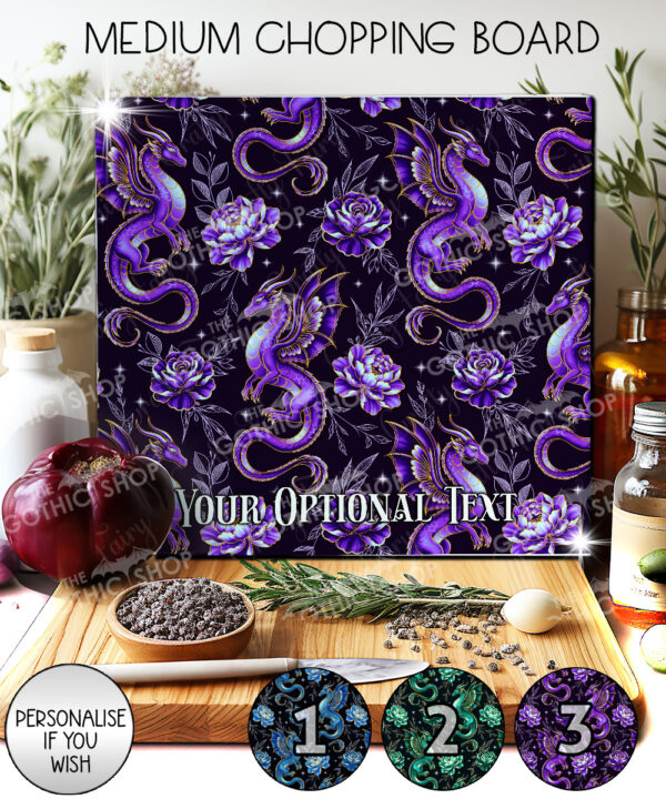 dragon with gold accents and rose floral fantasy glass chopping board option to personalise