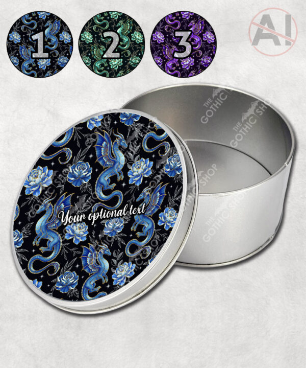 dragon with gold accents and rose floral fantasy storage tin option to personalise