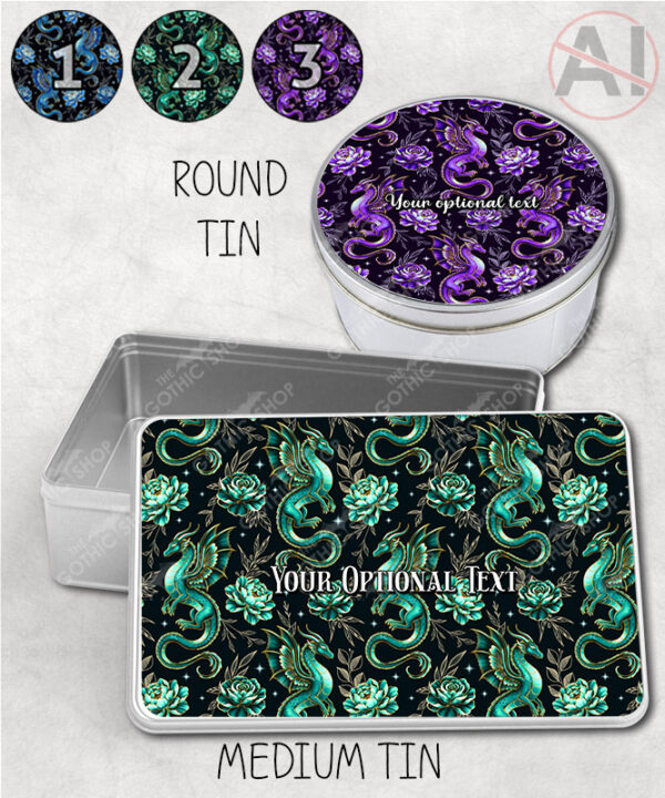 dragon with gold accents and rose floral fantasy storage tin option to personalise