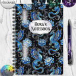 dragon with gold accents and rose floral fantasy notebook journal option to personalise