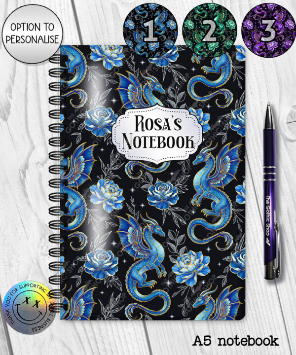 dragon with gold accents and rose floral fantasy notebook journal option to personalise