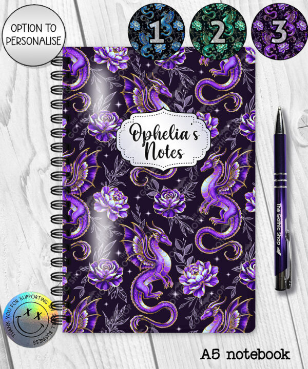 dragon with gold accents and rose floral fantasy notebook journal option to personalise