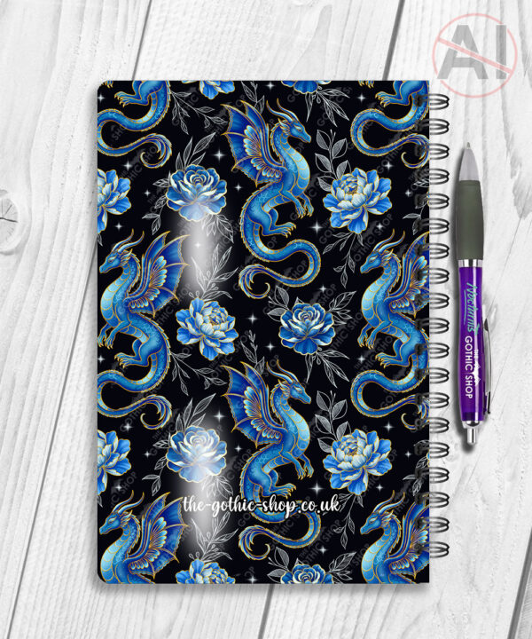 dragon with gold accents and rose floral fantasy notebook journal option to personalise