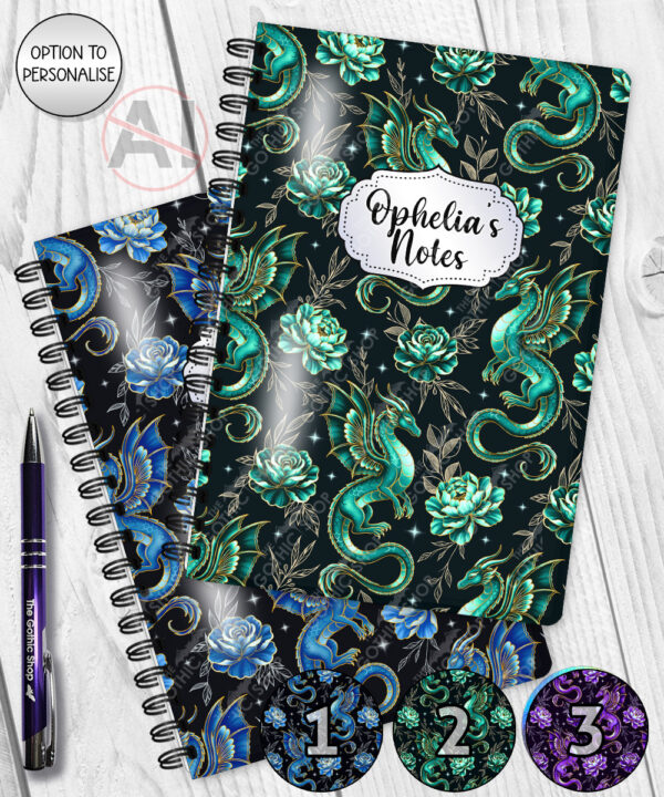 dragon with gold accents and rose floral fantasy notebook journal option to personalise