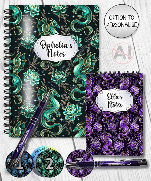 dragon with gold accents and rose floral fantasy notebook journal option to personalise