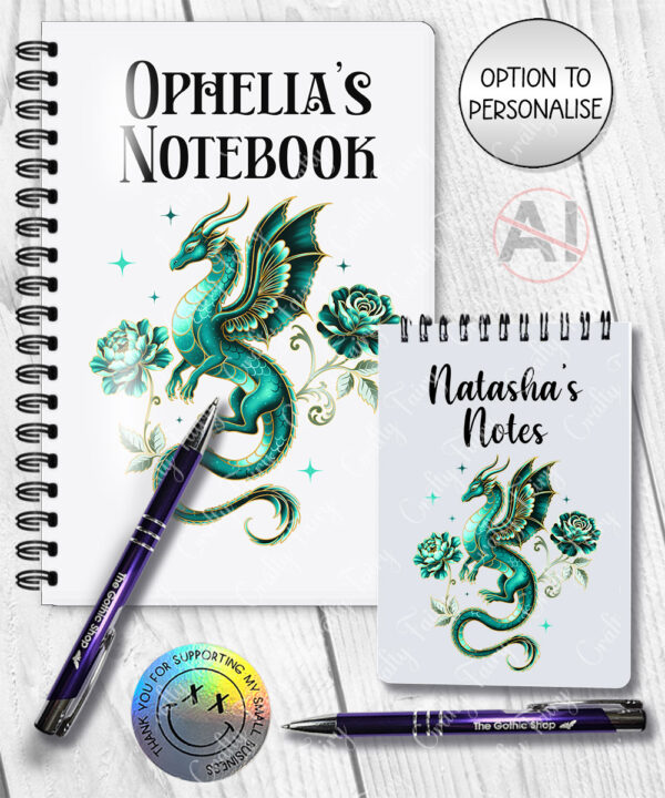 dragon with gold accents and rose floral fantasy notebook journal option to personalise