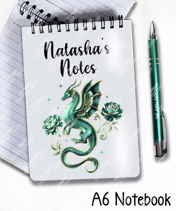 dragon with gold accents and rose floral fantasy notebook journal option to personalise