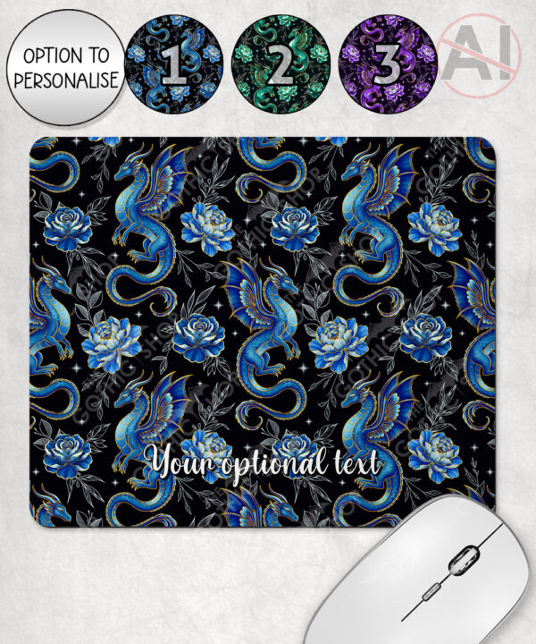 dragon with gold accents and rose floral fantasy mouse mat option to personalise