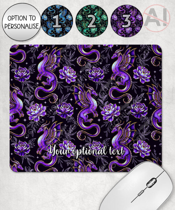 dragon with gold accents and rose floral fantasy mouse mat option to personalise