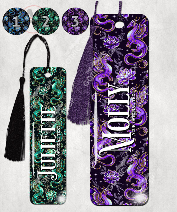 dragon with gold accents and rose floral fantasy metal bookmark option to personalise