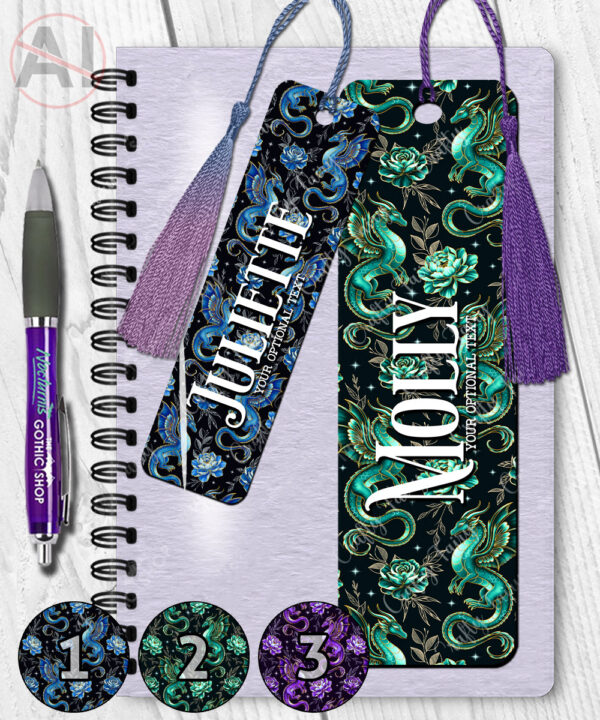 dragon with gold accents and rose floral fantasy metal bookmark option to personalise