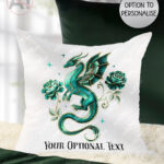 dragon with gold accents and rose floral fantasy velvet cushion option to personalise