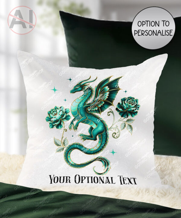 dragon with gold accents and rose floral fantasy velvet cushion option to personalise