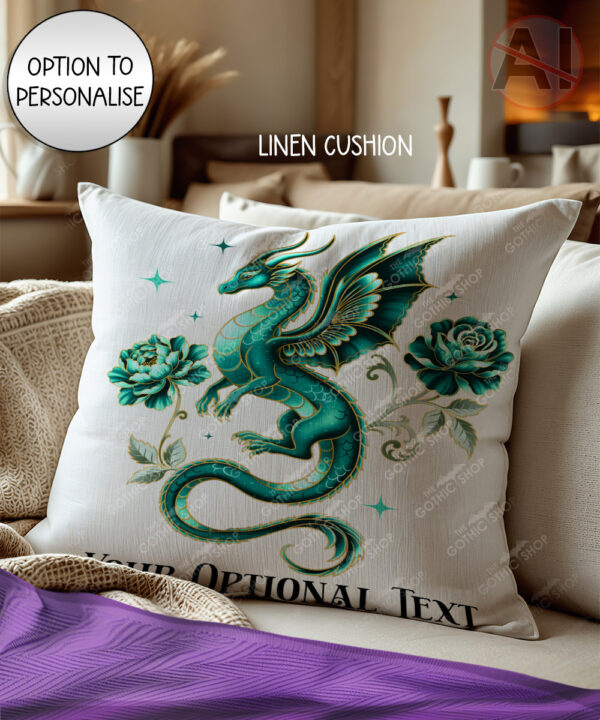 dragon with gold accents and rose floral fantasy velvet cushion option to personalise